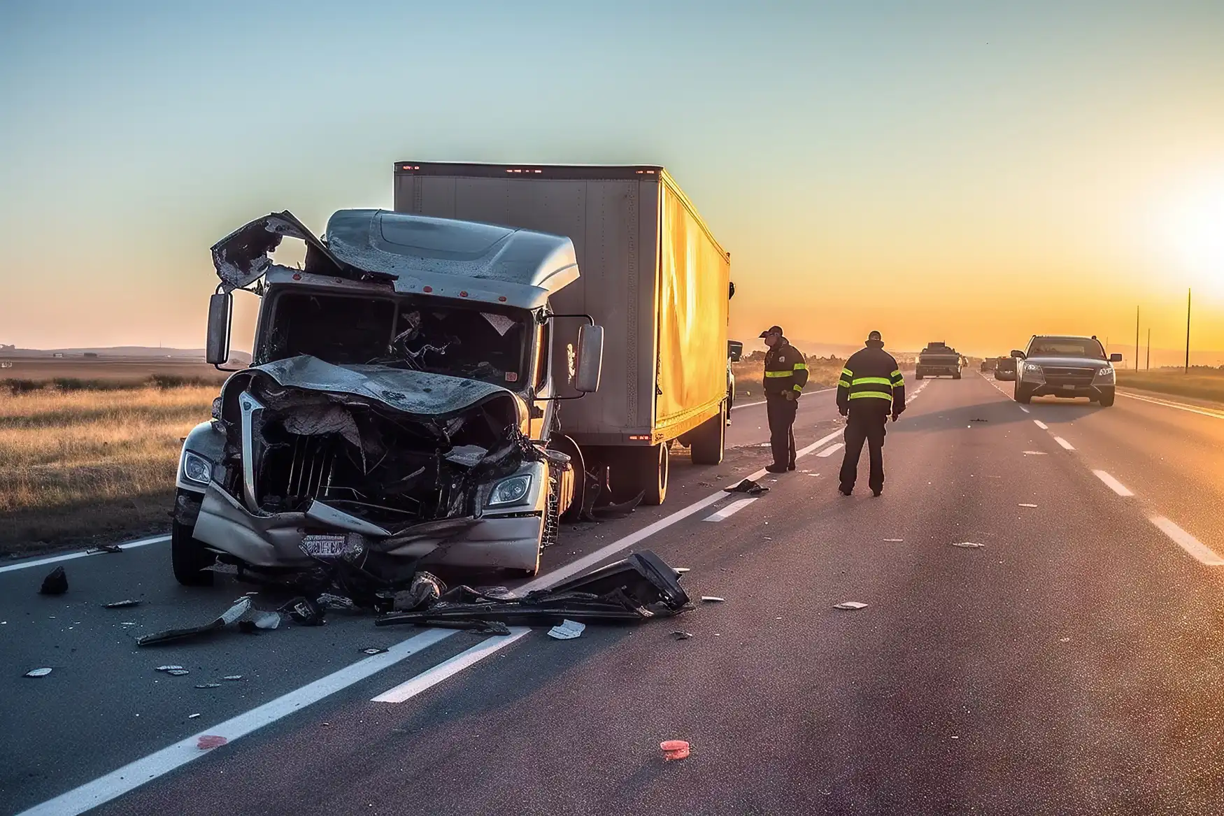 A truck after an accident with workers in the road looking at it.