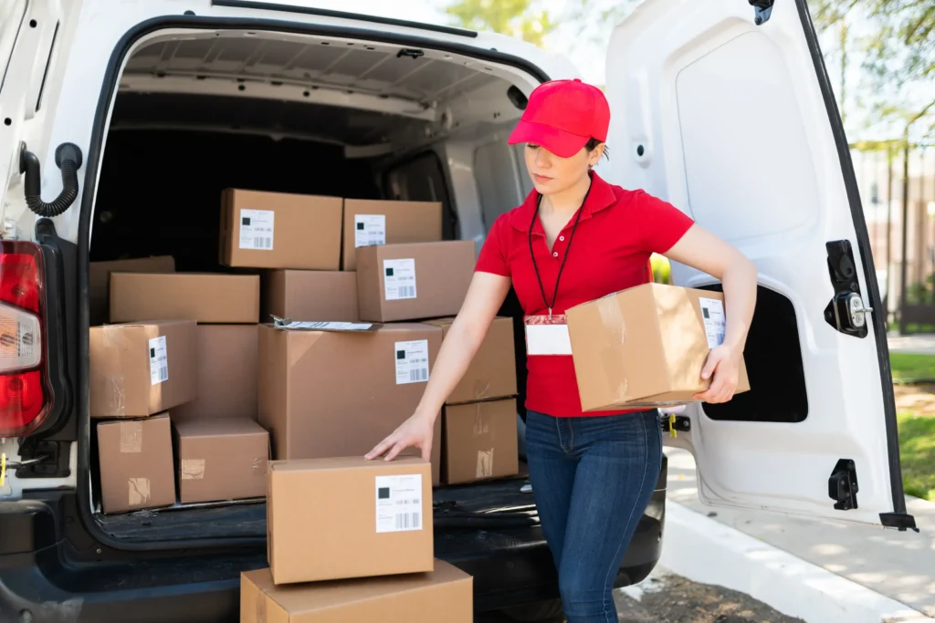 Female delivery driver unloading boxes from the back of a commercial delivery vehicle in Salt Lake City, representing potential injury risks in delivery truck accidents.