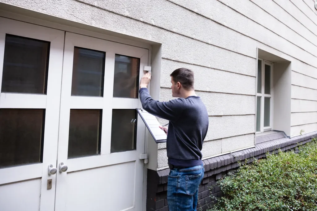 A man holding a clip board doing repairs on an exterior door on a building.